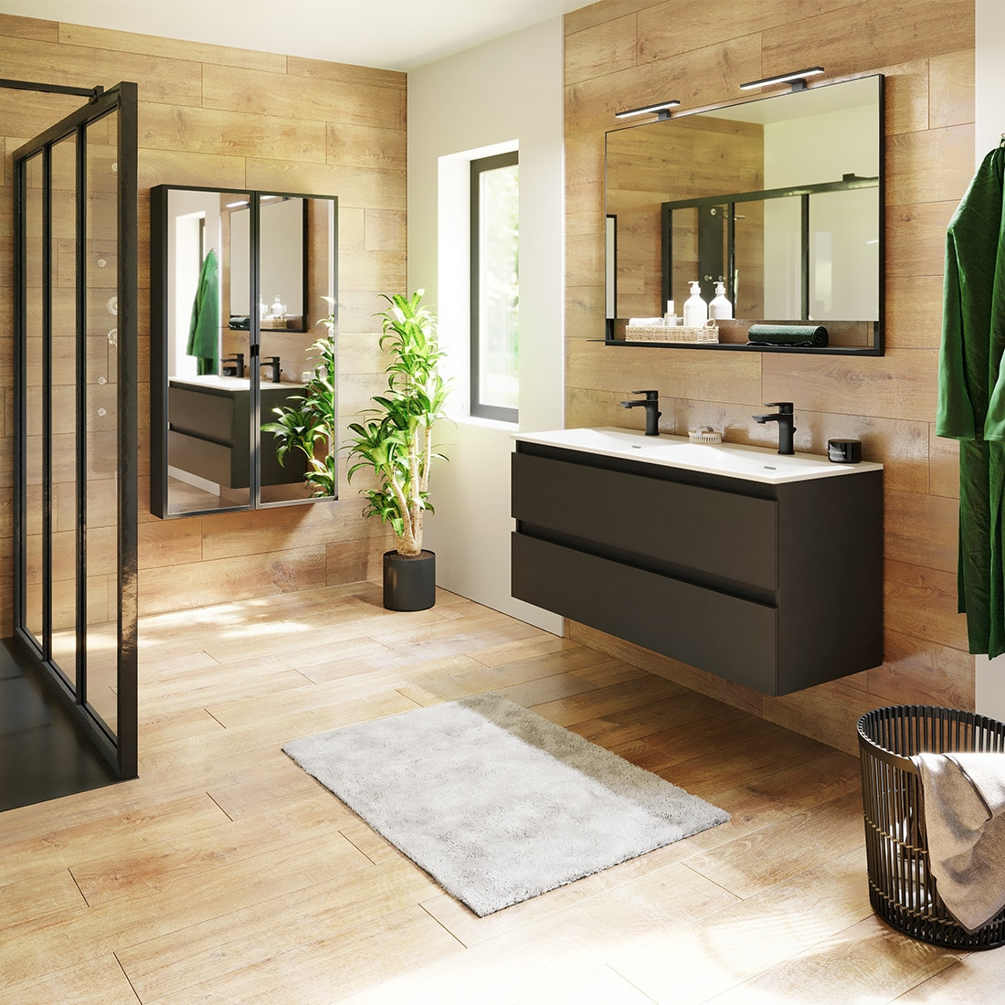meuble salle de bains rivage opale noir et bois